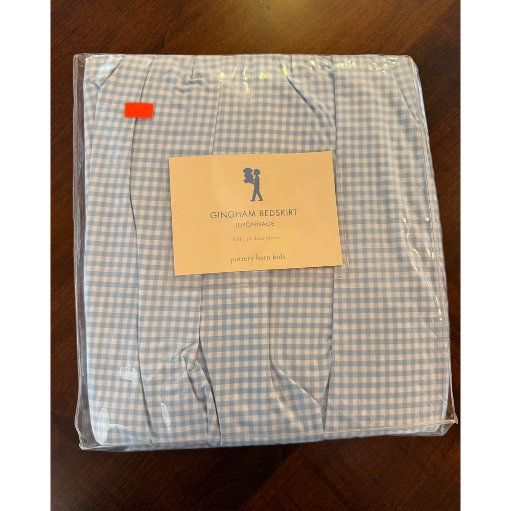 Pottery Barn Kids Full Gingham Bedskirt Blue White Check 100% Cotton NEW